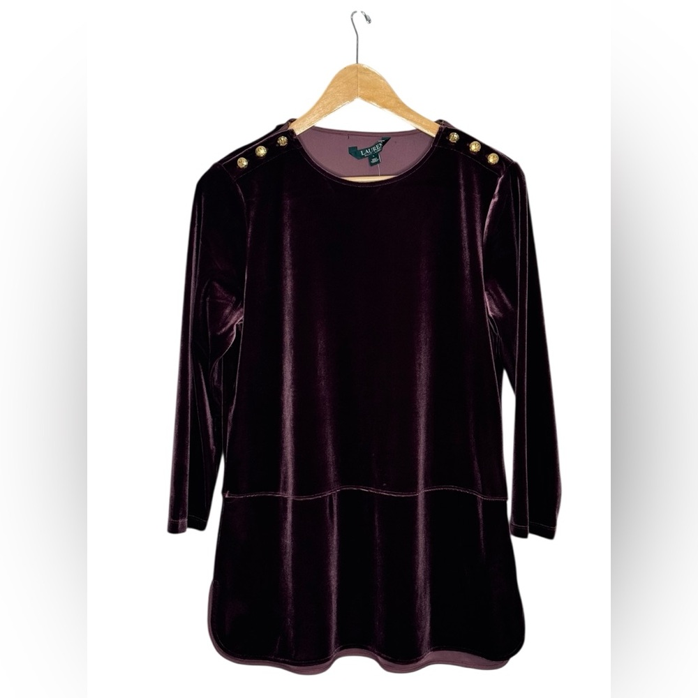 Lauren Ralph Lauren Burgundy Gold Button Stretch Velvet Tunic Top NWT Large - Picture 2 of 5